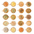 Assortment of different pizzas. Traditional popular appetizing dish of Italian cuisine. Collage, set. Isolated on white background Royalty Free Stock Photo