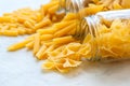 Assortment of different shapes whole grain raw Italian pasta in Royalty Free Stock Photo