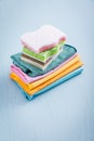 Assortment of different sponges and cleaning rags, with fiber cloth and duster microfiber cloth Royalty Free Stock Photo