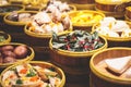 Assortment of different types of asian traditional street food in Shangha streeti, China