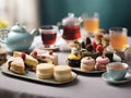 assortment of different types of cakes and tea