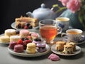 assortment of different types of cakes and tea