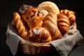 assortment of different types of freshly baked bread, neatly arranged in a rustic basket, showcases the local bakery Royalty Free Stock Photo