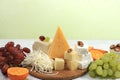 Assortment of different varieties of cheeses, grapes and nuts, fruits, the basis of the French diet, healthy and natural food Royalty Free Stock Photo