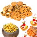 Assortment of dough products: cookies, cakes, buns and ravioli isolated on white. Collage