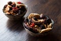 Assortment dried fruits; Apple apricot mulberry cranberry date raspberry red raisin and fig in bowl. Royalty Free Stock Photo