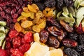 Assortment of dried fruits closeup background in square cells. Royalty Free Stock Photo