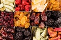 Assortment of dried fruits closeup background in square cells. Royalty Free Stock Photo