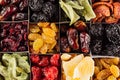 Assortment of dried fruits closeup background in square cells. Royalty Free Stock Photo