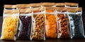 assortment of dried fruits and nuts in transparent packing on the shop shelf