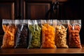 assortment of dried fruits and nuts in transparent packing on the shop shelf