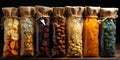 assortment of dried fruits and nuts in transparent packing on the shop shelf