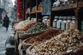 Assortment of dried plants used for traditional Chinese herbal medicine. Market in the street Royalty Free Stock Photo