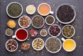 Assortment of dried tea leaves, fruit and herbs in bowls and cups of tea
