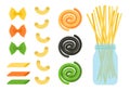 Assortment dry pasta types flat design vector illustration.