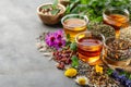 Assortment of dry tea, healing herbs with flowers. The image is generated with the use of an AI. Royalty Free Stock Photo