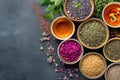 Assortment of dry tea, healing herbs with flowers. The image is generated with the use of an AI. Royalty Free Stock Photo