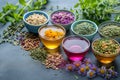 Assortment of dry tea, healing herbs with flowers. The image is generated with the use of an AI. Royalty Free Stock Photo