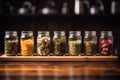 Assortment of dry tea jars in a row Panoramic banner. Red, fruit, green, black and herbal leaves dried fresh dessert Royalty Free Stock Photo