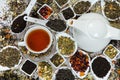 Assortment of dry tea. Various kinds of tea isolated on white.Different kinds of tea leaves. Tea composition with different kind