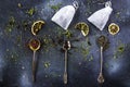 Assortment of dry tea on vintage silverware spoons and teabags, black, flower, green, and mint tea