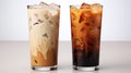 Assortment of ebony iced coffee and chilled latte with milk in tall