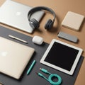 Assortment of electronic devices and accessories on a textured surface. Items Royalty Free Stock Photo