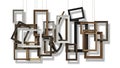 Assortment of empty picture frames of various sizes and styles hanging on a white background Royalty Free Stock Photo