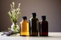 An assortment of essential oil bottles with fresh plants. Skinimalism and nature beauty concept