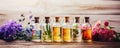 An assortment of essential oil bottles with fresh plants from which they're derived