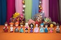 assortment of figurine keychains showcased against a colorful backdrop