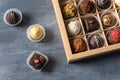 Assortment of fine chocolate candies, white, dark and milk chocolate in box. Sweets background, top view