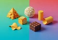 An assortment of food items creatively arranged into geometric shapes placed on a dual-colored Royalty Free Stock Photo