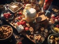an assortment of food on a wooden table
