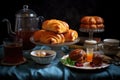 an assortment of french pastries with tea set