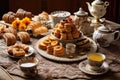 an assortment of french pastries with tea set