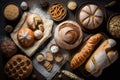 Assortment of fresh baked bread on dark background, bakery rustic crusty loaves of bread and buns on black. generative AI