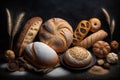 Assortment of fresh baked bread on dark background, bakery rustic crusty loaves of bread and buns on black-topaz Royalty Free Stock Photo