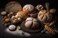 Assortment of fresh baked bread on dark background, bakery rustic crusty loaves of bread and buns on black-topaz Royalty Free Stock Photo