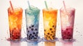 An assortment of fresh boba cocktails in glasses on a white background,watercolor style Royalty Free Stock Photo