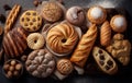Assortment of fresh delicious baked bread on dark background. generative AI