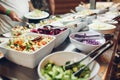 Assortment of fresh dishes displayed in hotel buffet. Variety of food in canteen ready for dinner Royalty Free Stock Photo