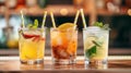 Assortment of fresh fruit drinks in glass glasses with straws with ice.