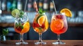 Assortment of fresh fruit drinks in glass glasses with straws with ice.