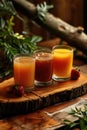 Assortment of fresh fruit juices in clear glasses on rustic wooden tray, healthy drinks concept