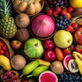 Assortment of fresh fruits and berries in rainbow colors. AI generative illustration Royalty Free Stock Photo