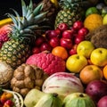 Assortment of fresh fruits and berries in rainbow colors. AI generative illustration Royalty Free Stock Photo