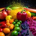 Assortment of fresh fruits and berries in rainbow colors. AI generative illustration Royalty Free Stock Photo