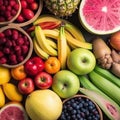 Assortment of fresh fruits and berries in rainbow colors. AI generative illustration Royalty Free Stock Photo