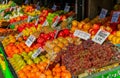 Fresh fruits like apples, pears, grapes and oranges for sale at a stall at Pike Place Market in Seattle, Washington Royalty Free Stock Photo